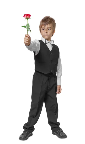 Boy in a tuxedo with a rose in hand. Isolate on white background — Stock Photo, Image