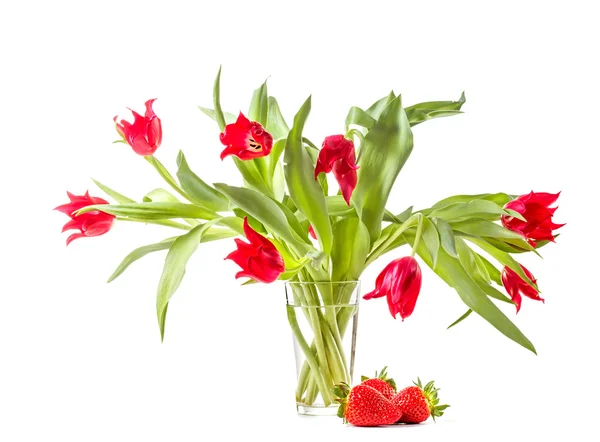 Bouquet of tulips with fresh strawberries. — Stock Photo, Image
