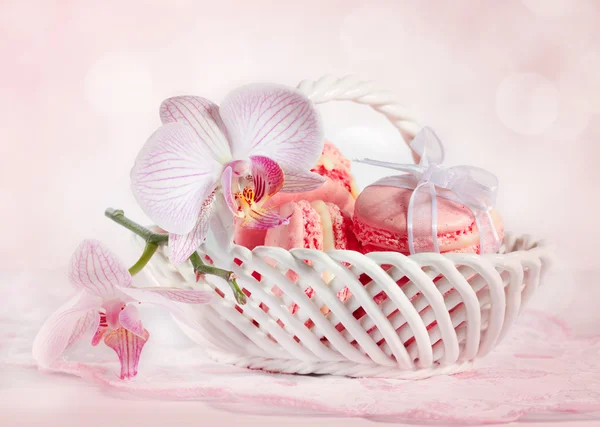 Macarons francesi con orchidea su sfondo rosa . — Foto Stock