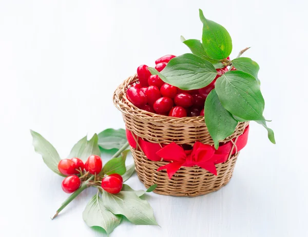 Frische Kornelkirschen auf einem hölzernen Hintergrund — Stockfoto