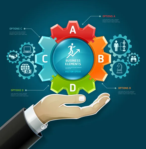 Concepto de negocio. hombre de negocios mano con opciones de diagrama de estrategia de negocio en el símbolo de engranajes . — Vector de stock