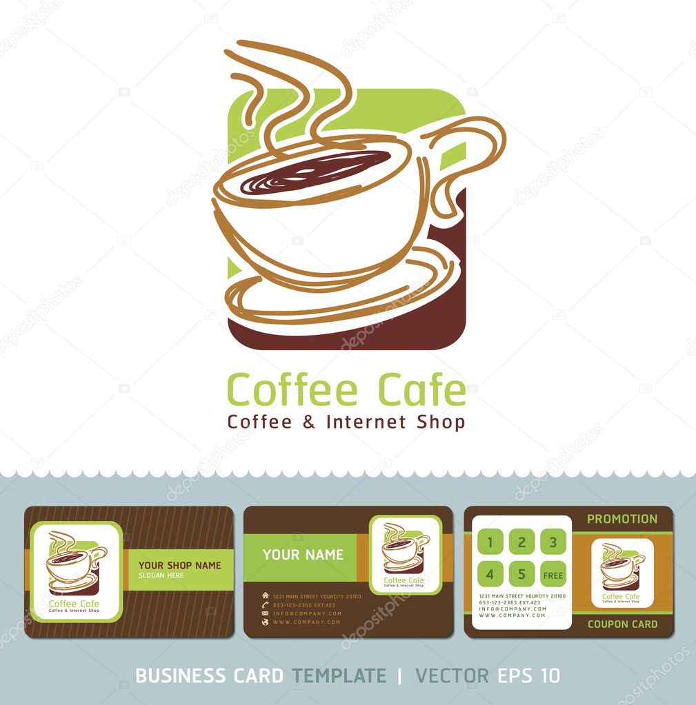 Coffee Cafe icon logo and business cards. Vector illustration. — Stock
