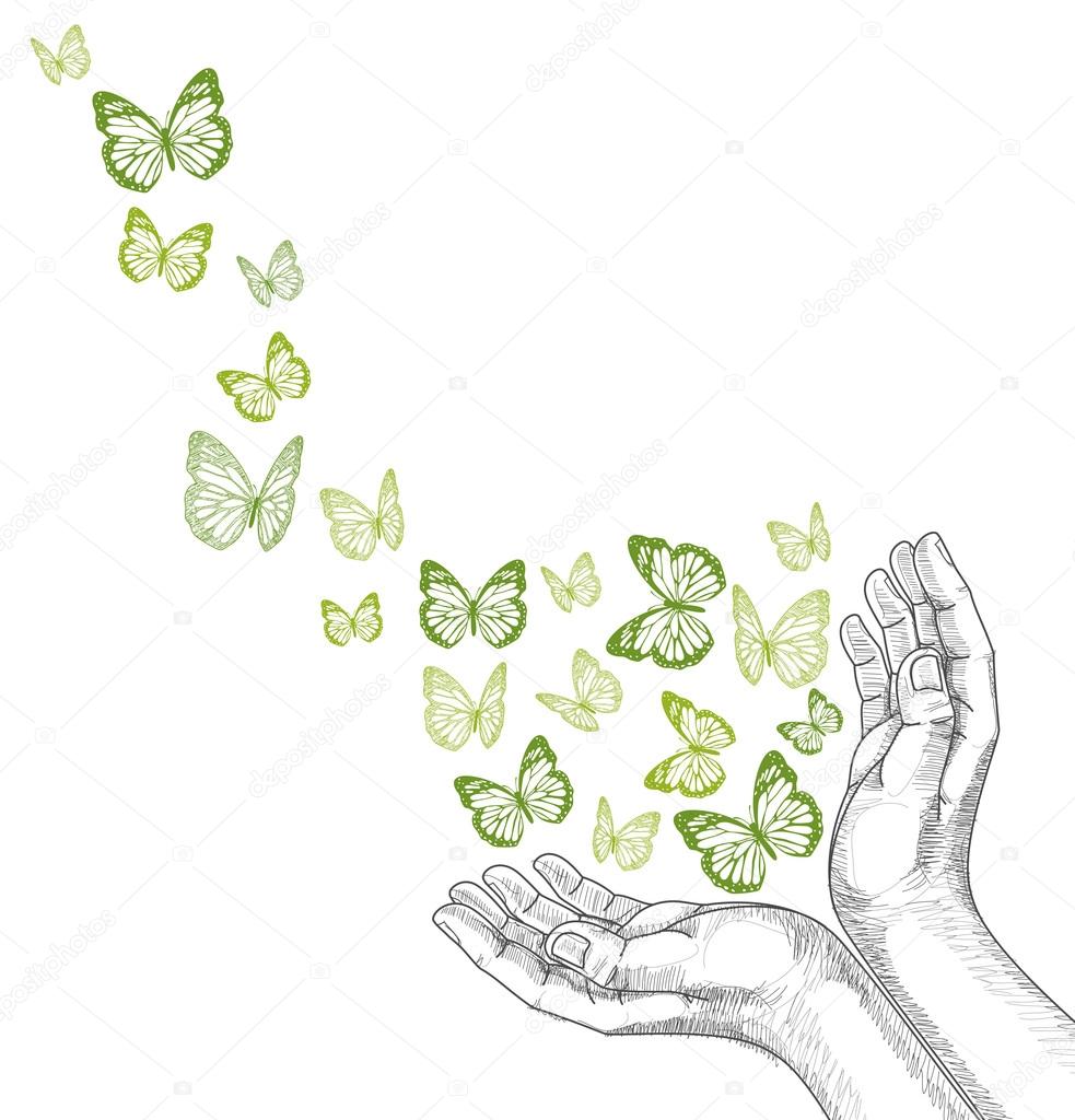 Drawing Hands releasing butterfly. Vector illustration