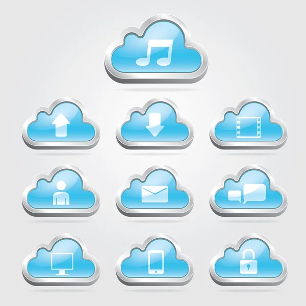 Cloud technologie ikony a tlačítka set. vektorové ilustrace — Stockový vektor