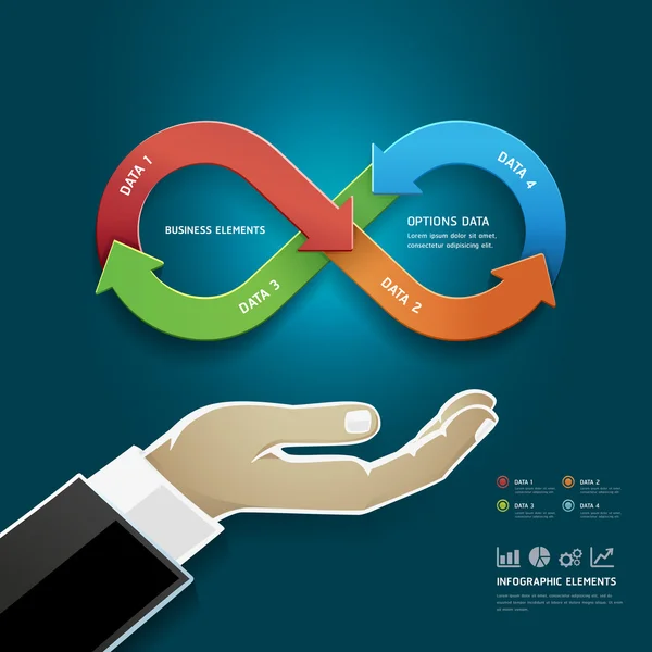 Zakenman hand met business strategie diagramopties in infin — Stockvector