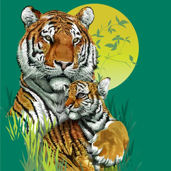 Familia de tigres en la selva . — Vector de stock