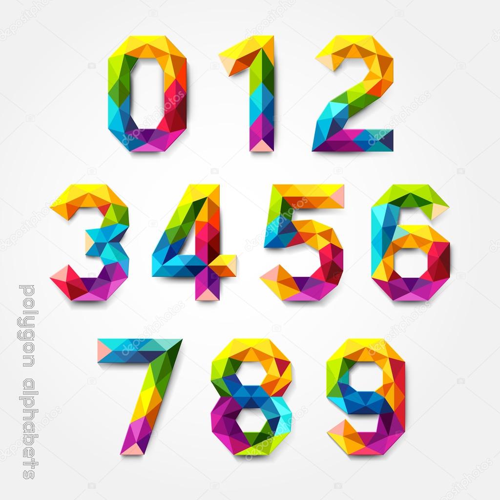 Polygon number alphabet colorful font style. Vector illustration.