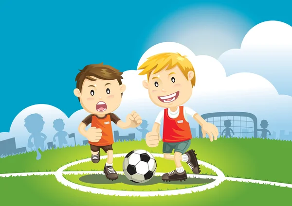 Children playing soccer outdoors — Stock Vector