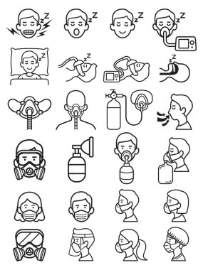 Oksijen maskeleri ve uyku yardımı ikonları vektör çizimleri