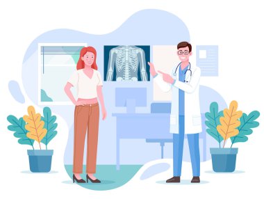 Doktor, klinikteki kadının göğüs röntgenine bakıyor. Vektör düz çizim. Tıp konseptinde radyoloji ve vücut taraması.