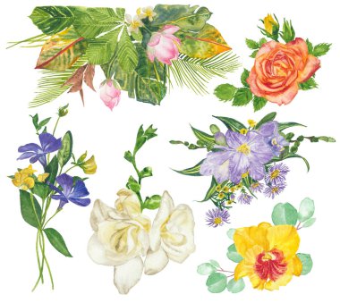 Watercolor flowers floral paint illustration with clipping parts isolated on white background.