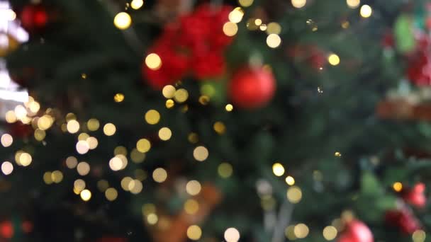 Hermoso fondo abstracto brillante borroso árbol de Navidad llevó luces de guirnalda brillantes multicolores en el árbol de Navidad. Bokeh vista de oro rojo verde blanco bombillas de feliz Navidad decoración de vacaciones — Vídeos de Stock
