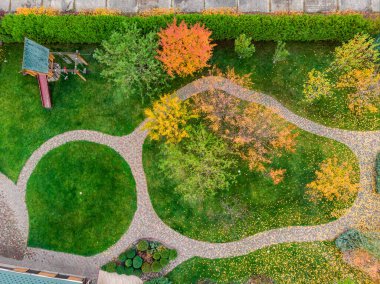 Çok renkli, parlak bahçe ağacı ile yeşil çimlerin üzerine düşen yapraklar arasındaki yürüyüş yolu ilk kez Ekim ayında ya da şehir parkında görülüyor. Sonbahar manzaralı yeşillik arka planı