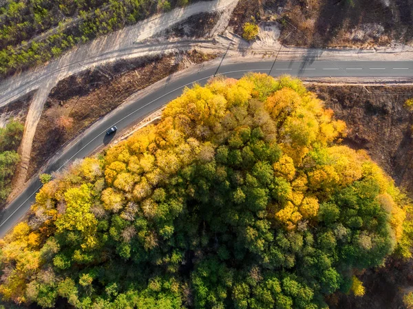 Aerial overhead top down bird eye drone view of car drive asphlat rural country road winding over beautiful green golden yellow foliage tree woods at day time fall autumn season. Nature trip travel — Stock Photo, Image