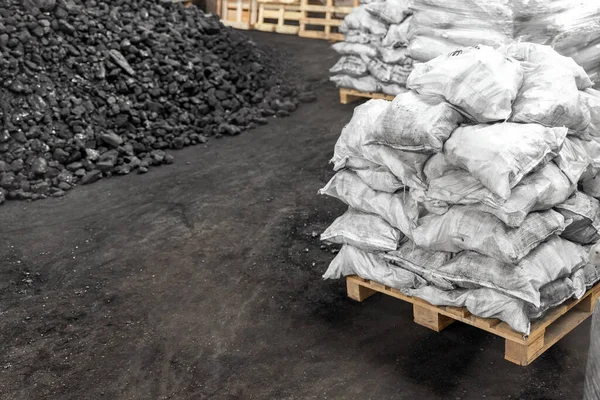Big heap of dark black lump coal on floor bulk. Charcoal sorage at warehouse stock reserve. activated anthracite packed in plastic bag sack on wooden pallet. Industrial and mining industry background — 图库照片