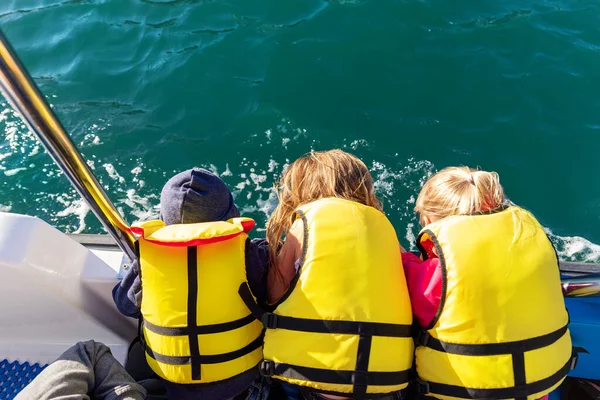 Back view three cute little friend happy excited caucasian children wear lifevest enjoy sailing on edge board motor boat sea against blue water bright sun. Summer travel vacation recreation
