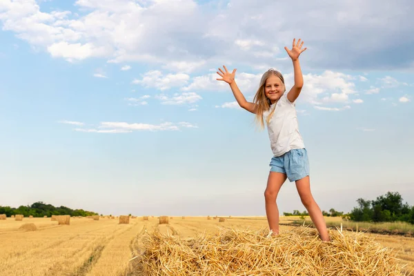 Portret uroczej blondynki pięknej, uroczej, wesołej, białej dziewczynki, cieszącej się siedzeniem na stosie siana lub beli na żniwie pszenicy w ciepły letni wieczór. Krajobraz krajobrazu wiejskiego malowniczego — Zdjęcie stockowe