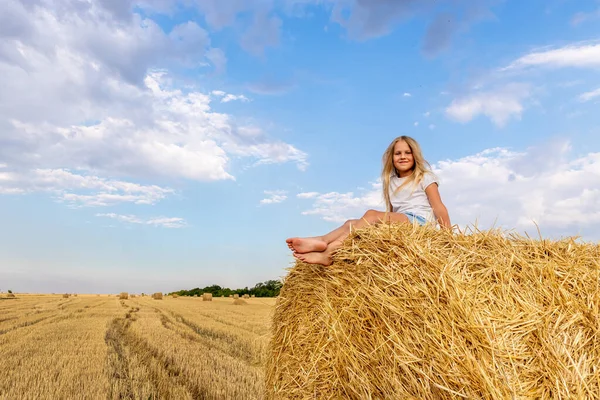 Portret uroczej blondynki pięknej, uroczej, wesołej, białej dziewczynki, cieszącej się siedzeniem na stosie siana lub beli na żniwie pszenicy w ciepły letni wieczór. Krajobraz krajobrazu wiejskiego malowniczego — Zdjęcie stockowe