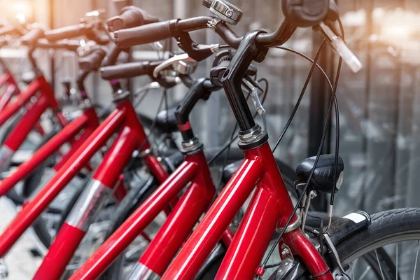 Closeup view many red city bikes parked in row at european city street rental parking sharing station or sale. Healthy ecology urban transportation. Sport environmental transport infrastructure.