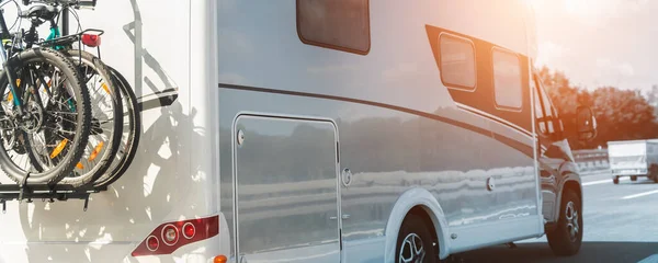 Scenic View Big Modern White Family Camper Van Vehicle Driving — Stockfoto