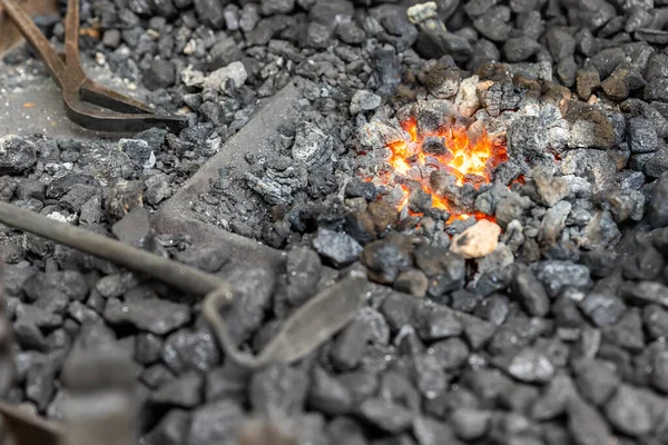 Close Detail Old Medieval Blacksmith Furnace Hot Burning Coal Flame — Stock Fotó