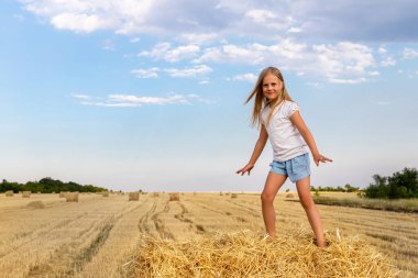 Küçük şirin sarışın, sevimli, sevimli beyaz kız çocuğunun portresi samanlıkta durmaktan ya da hasat edilen buğday tarlasında sıcak bir yaz akşamında balyadan zevk alır. Kırsal arazi manzarası.
