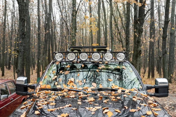 Close-up detail view of custom made roof rack bar with extra headlight mounted on roof of heavy duty pick up suv car against foggy autumn forest. Fallen leaves vehicle windshield. Fall weather drive.