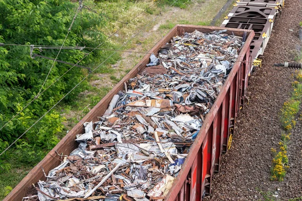 View Railway Cargo Train Wagon Filled Old Rusty Black Metal — Fotografia de Stock