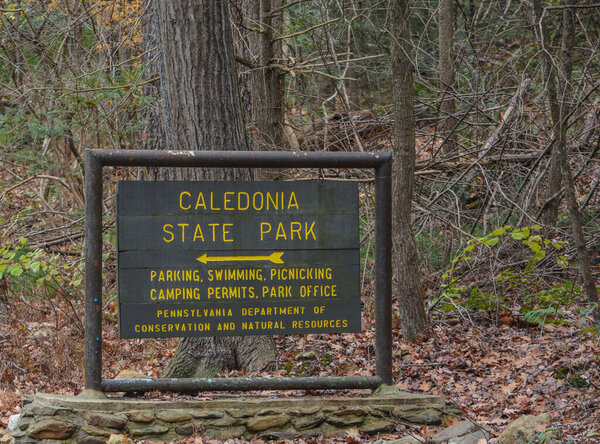 The Caledonia State Park Sign in the Michaux State Forest, Franklin County, Pennsylvania  
