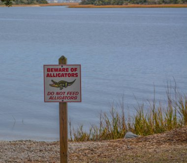 Timsahlara dikkat edin ve timsahları beslemeyin. Brunswick County, Kuzey Carolina 'daki Sunset Plajı' nda.