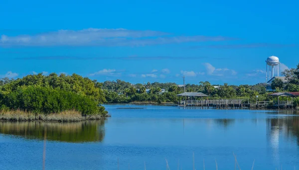 佛罗里达州利维县雪松礁岛上的雪松礁水塔和渔捞码头 — 图库照片