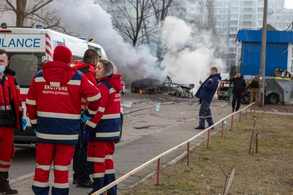 Kiev Ucrania 2022 Fuego Después Del Bombardeo Kiev Agresión Militar — Foto de Stock