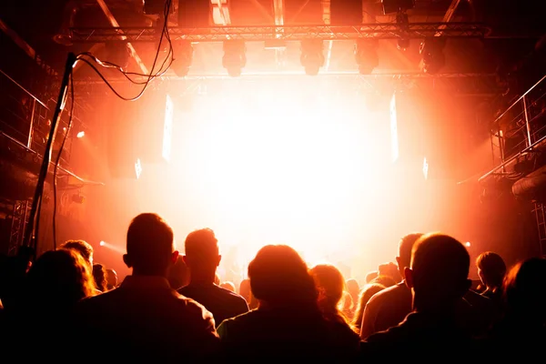 Silhouette of a crowd of spectators in front of the stage on a background of bright spotlights.