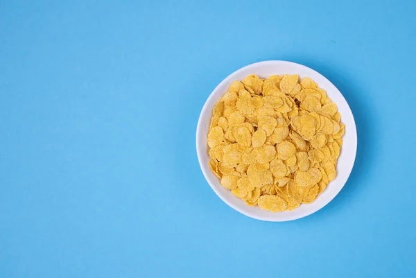 Cornflakes White Bowl Blue Background Cereal Healthy Food Top View — Stock Photo, Image