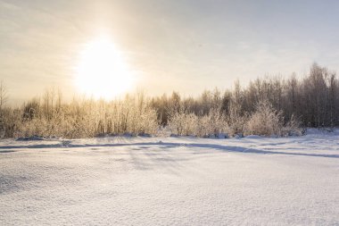 Gölün yüzeyi kışın taze karla kaplıydı.