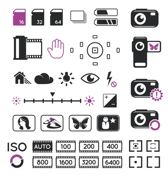 Visualizzazione icone e simboli della fotocamera — Vettoriale Stock