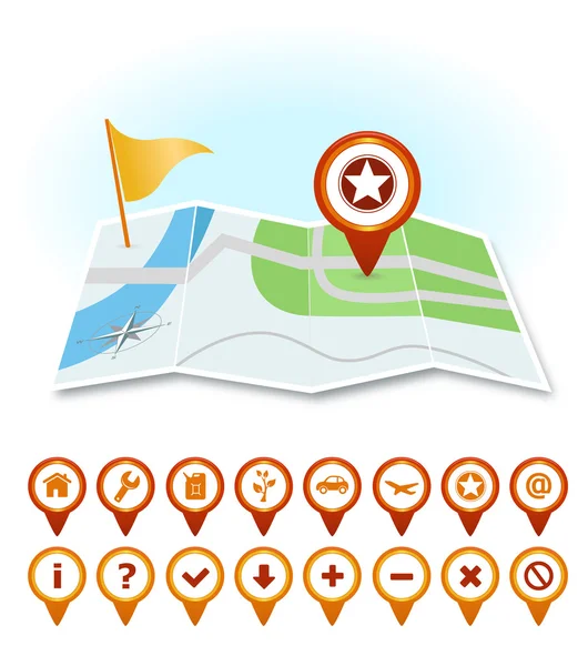 Mappa con marcatori e icone GPS — Vettoriale Stock