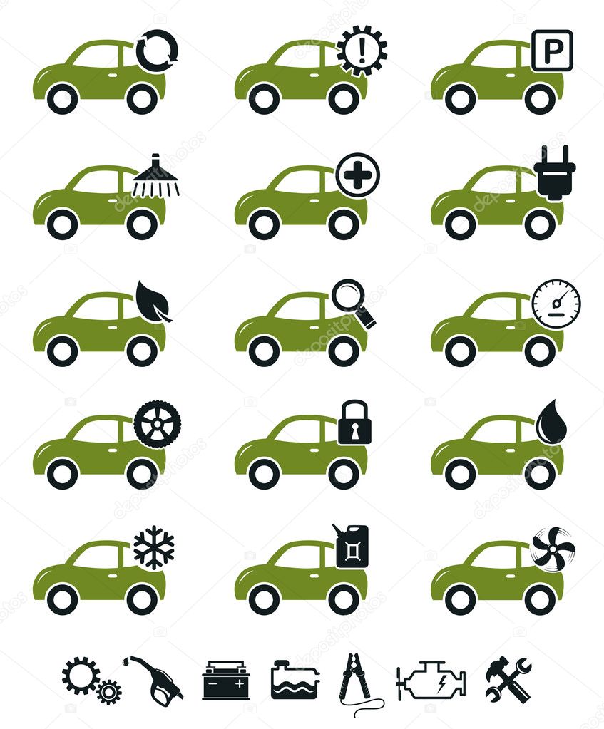 Car service icons green set