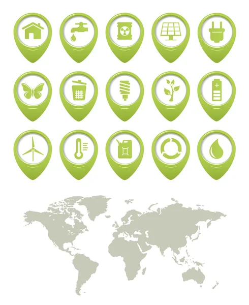 Ekologia przyciski zestaw mapy świata — Wektor stockowy