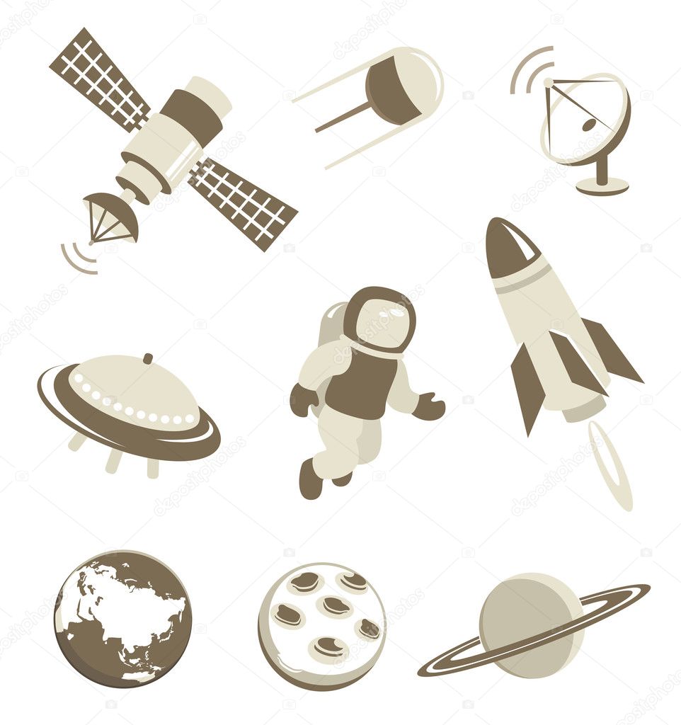 Space and air transport icons set
