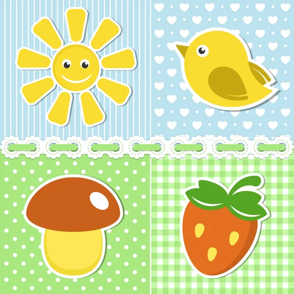 Iconos de verano de flor, fresa, sol y pájaro en la espalda textil — Vector de stock