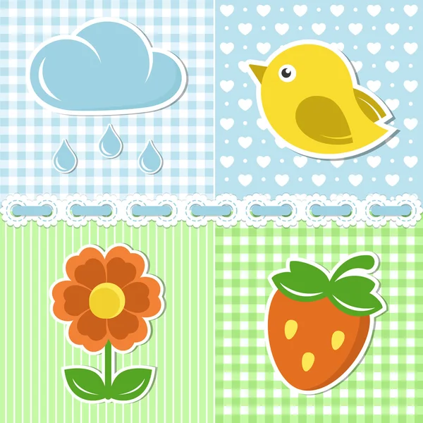 Summer icons of flower, strawberry, cloud and bird on textile ba — Stock Vector