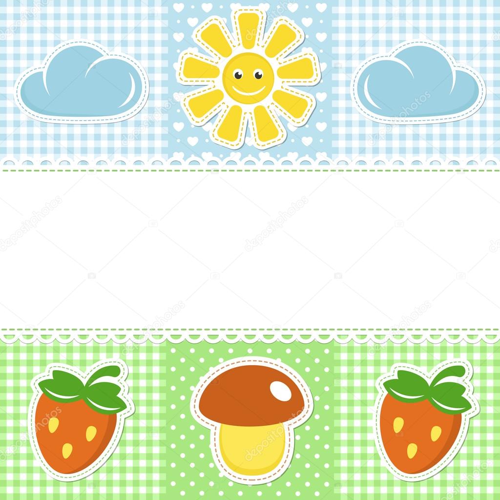 Lace border on sunny background with mushroom and strawberry