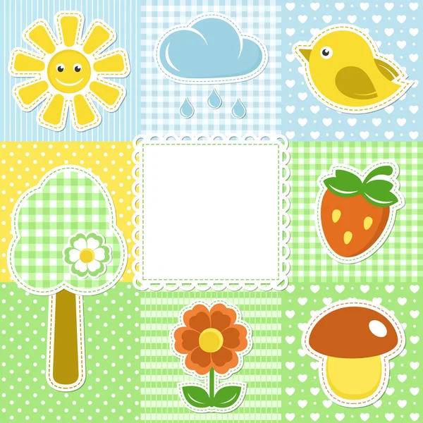 Letní snímek s kytičkou, jahody, slunce a pták na textilní ba — Stockový vektor