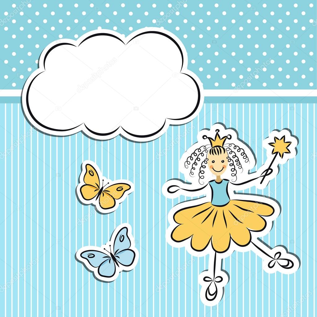 Little princess with paper cloud and butterflies