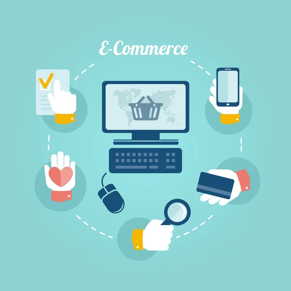 Lapos koncepció, e-kereskedelem és online bolt Vektor Grafikák