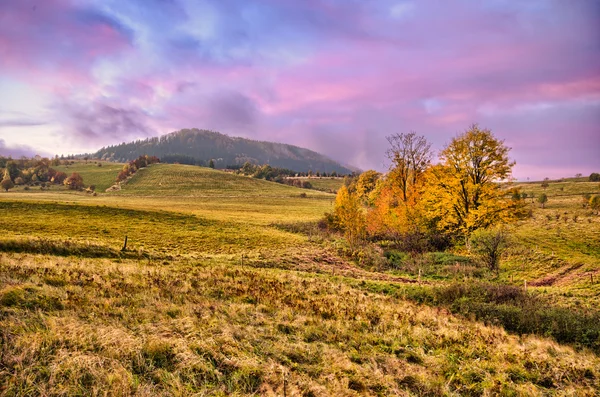 Ochtend landschap met violet wolken aan de hemel — Stockfoto