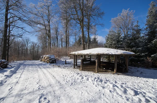 Landweg in de buurt van onderdak tijdens de winter — Stockfoto