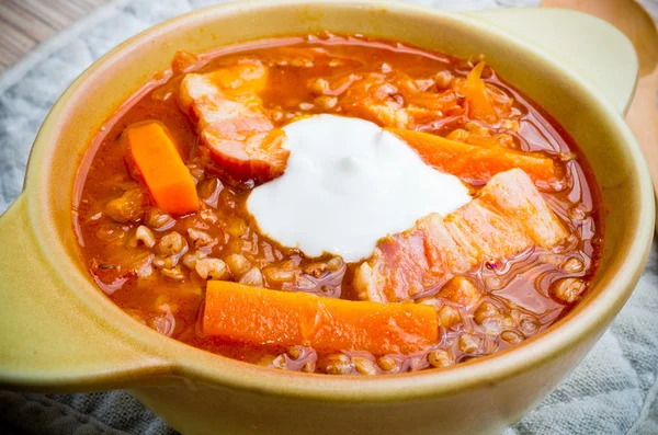 Russian soup shchi with bacon and buckwheat — Stock Photo, Image