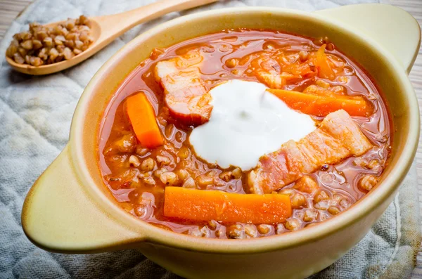 Russian soup shchi with bacon and buckwheat — Stock Photo, Image